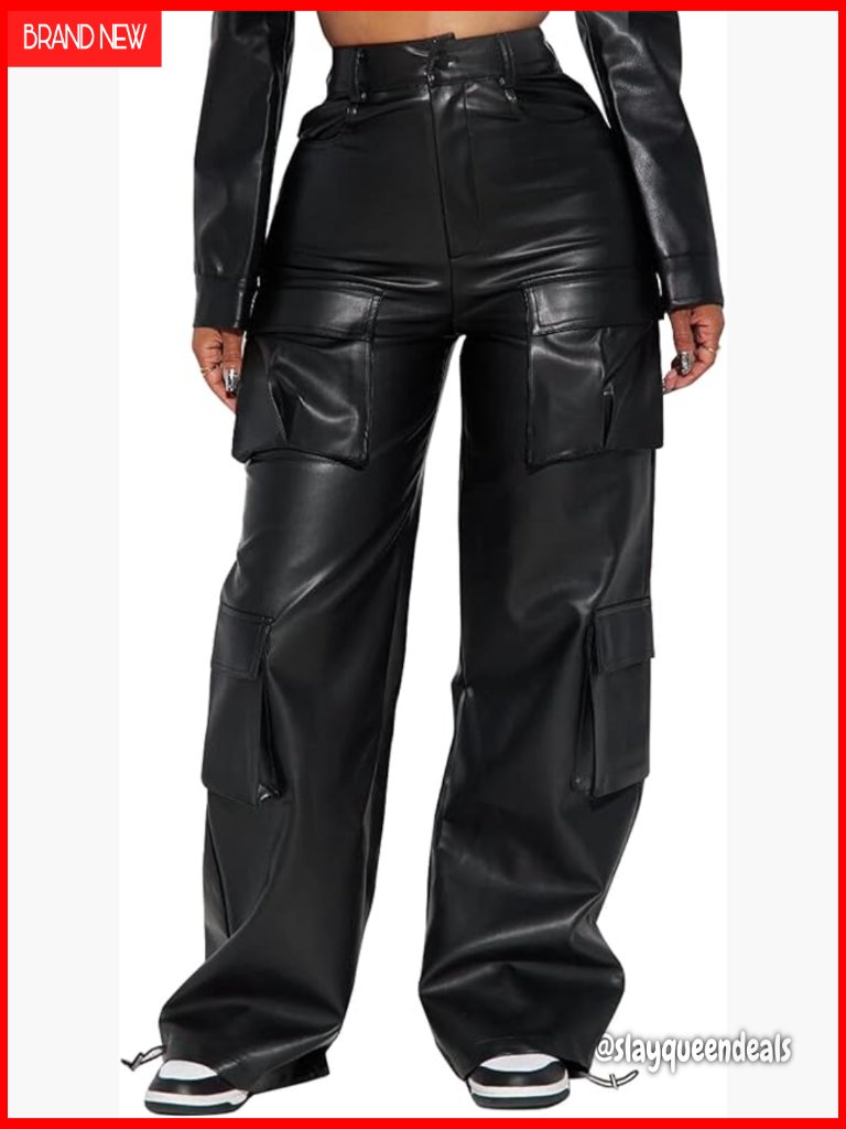 Faux Leather Cargo Pants High Waisted Y2k Wide Leg With Pockets